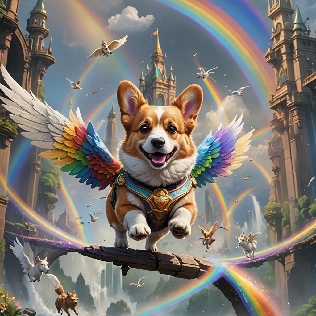 Corgi Rides Pegasus on Rainbow Bridge