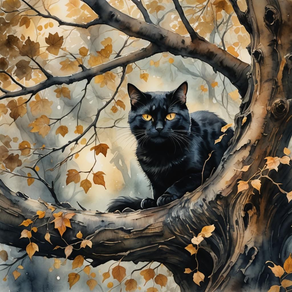 Black Cat in Tree Hollow: Watercolor Painting