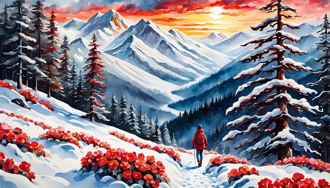 Winter Landscape with Red Begonias, Oil and Watercolor