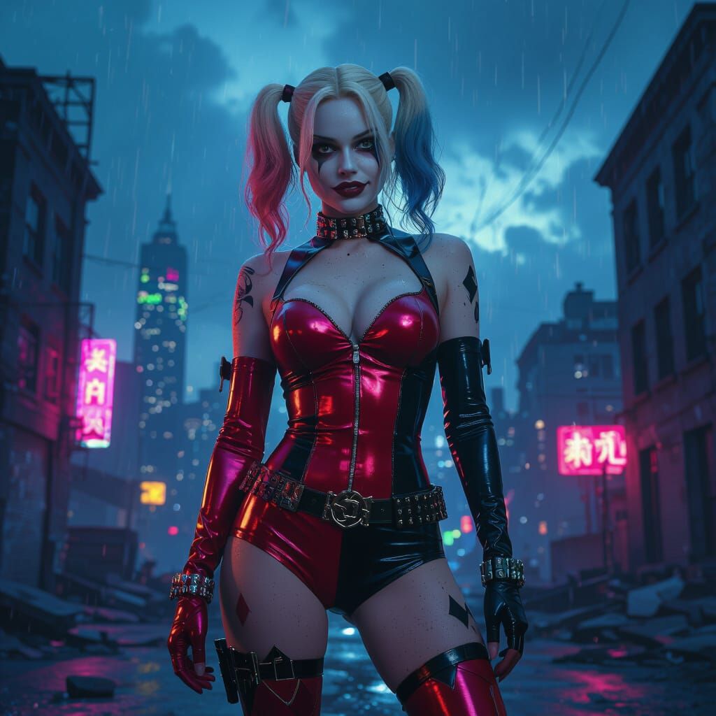 Harley Quinn in Dystopian Cityscape with Neon Glow