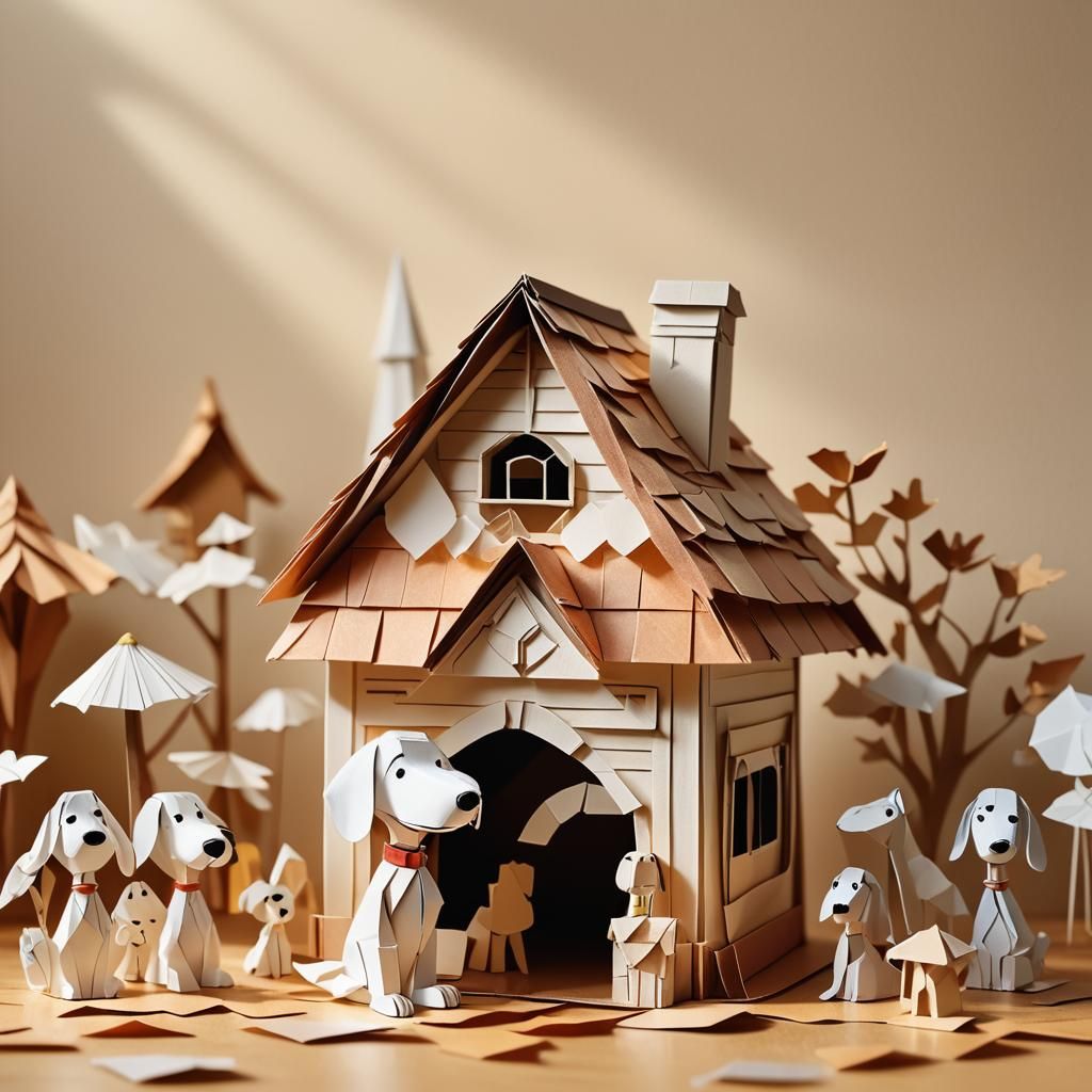 Intricate Origami Snoopy Doghouse Papercraft