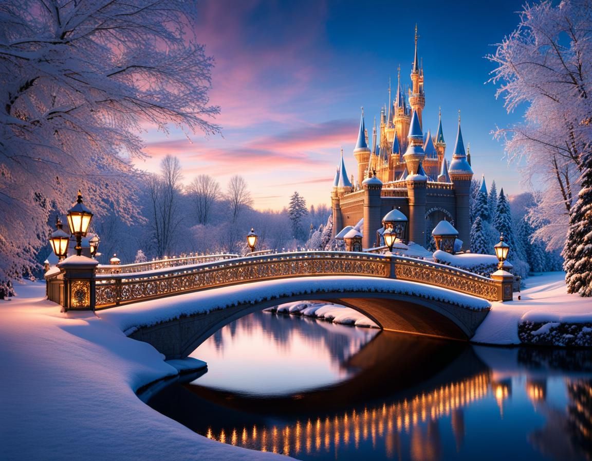 Cinderella Bridge in Winter Wonderland at Magic Hour