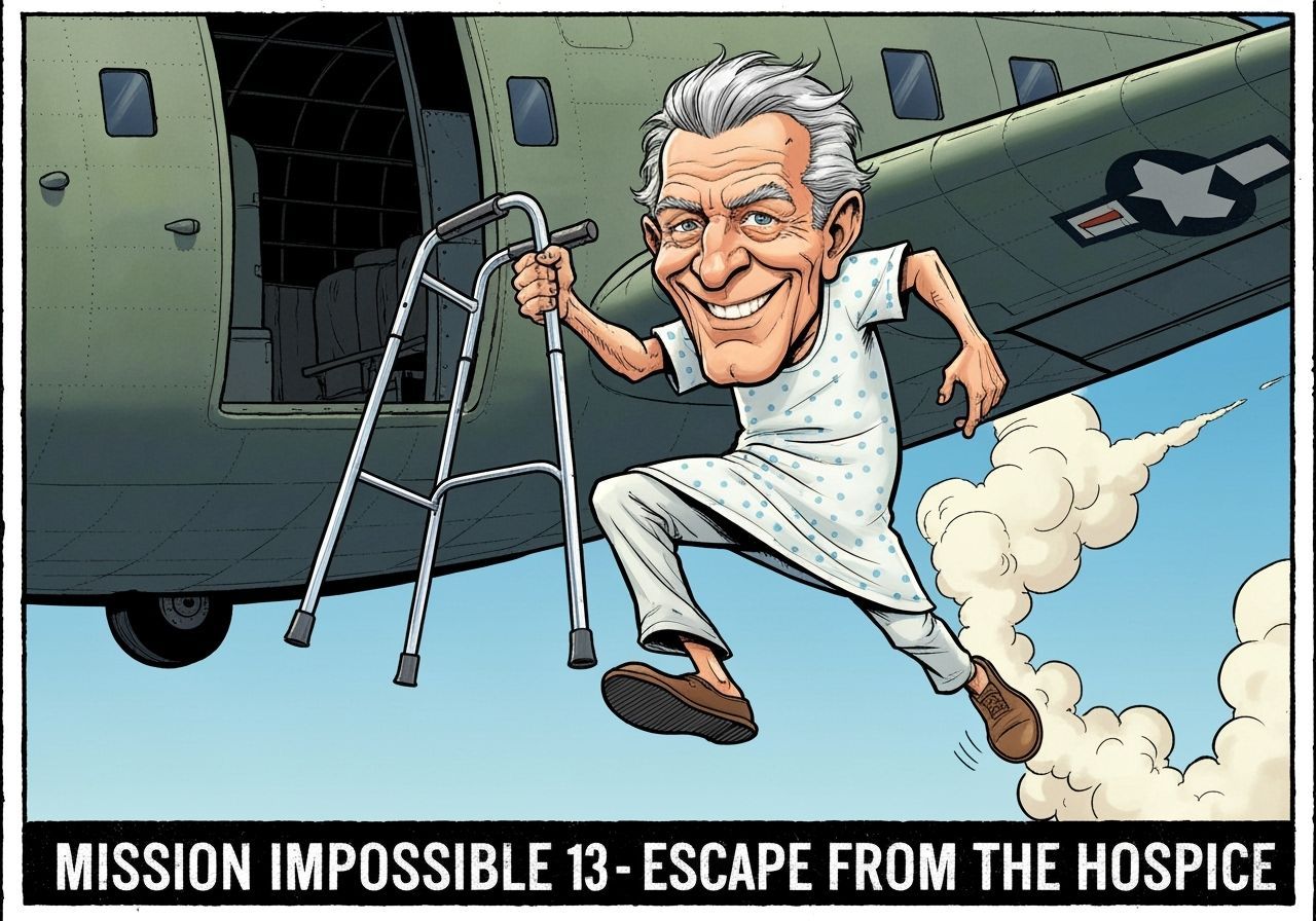 Elderly Man Jumps From Plane With Walker, Comic Style