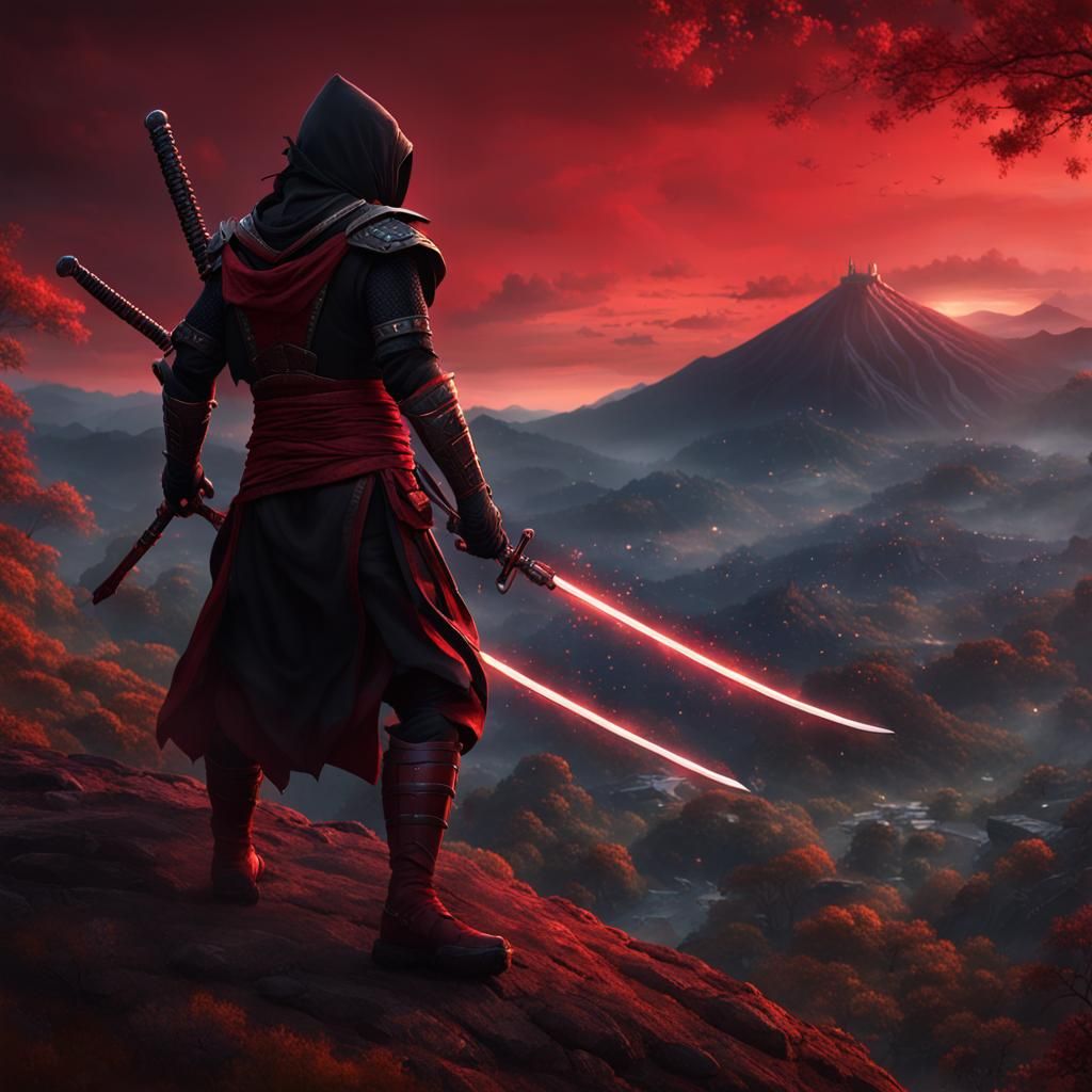 Ninja in Red Armor, Fantasy Concept Art