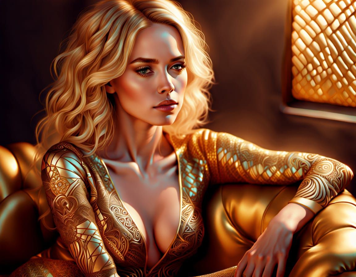Blonde Woman on Gold Couch in Zentangle Digital Art