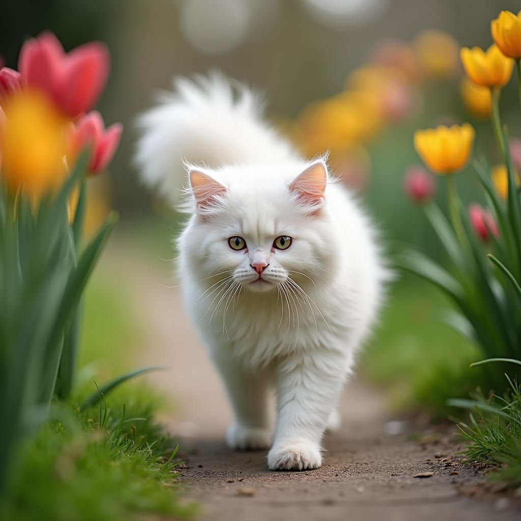 Fluffy White Persian Cat Strolls Through Vibrant Spring Gard...