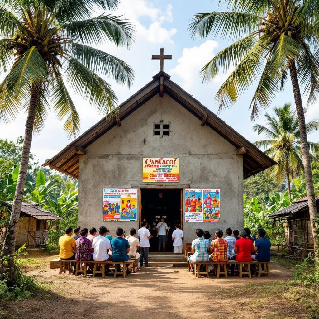 Rustic Church Gathering in Rural Philippines, Impressionisti...