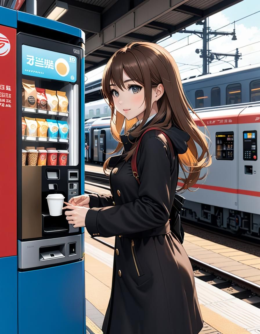 Anime Girl Buys Coffee at Train Station