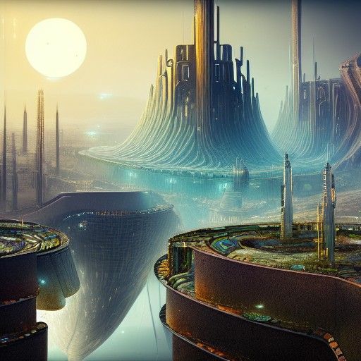 Biopunk Cityscape with Medieval and Sci-Fi Elements
