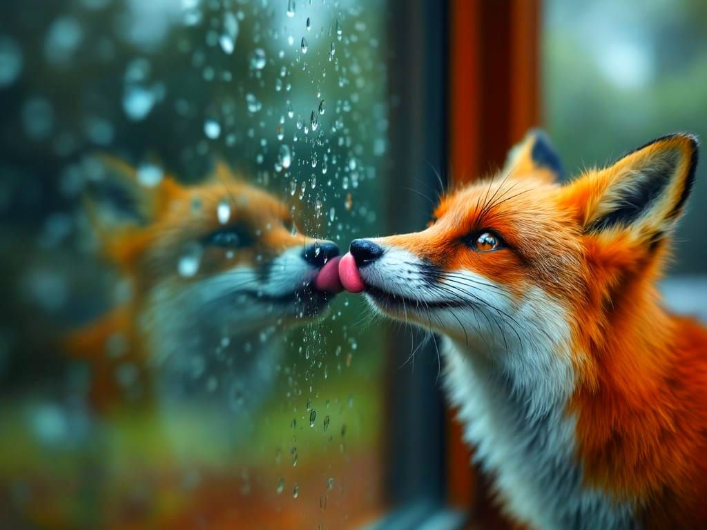 Curious Red Fox Licks Rainy Window in Vibrant 35MM HDR Photo...