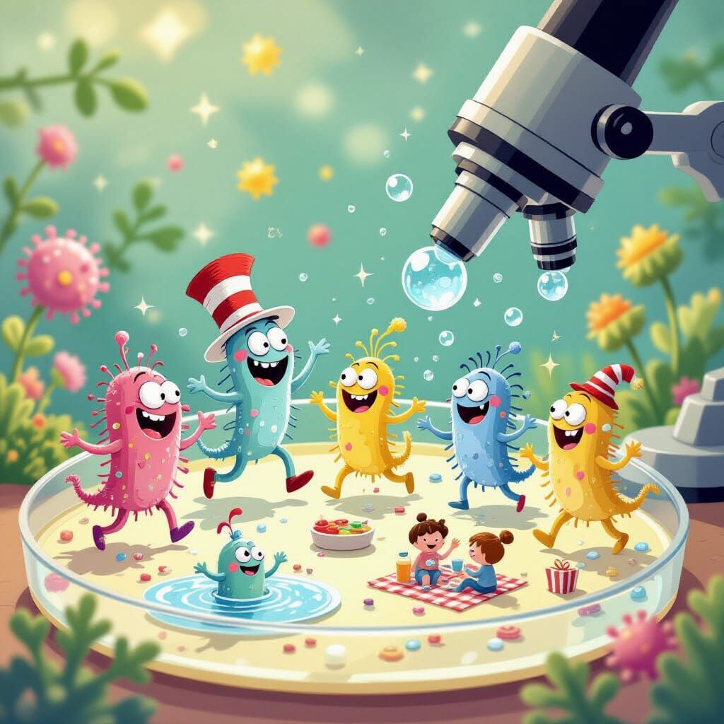 Whimsical Microbes Dancing in a Dr. Seuss Style