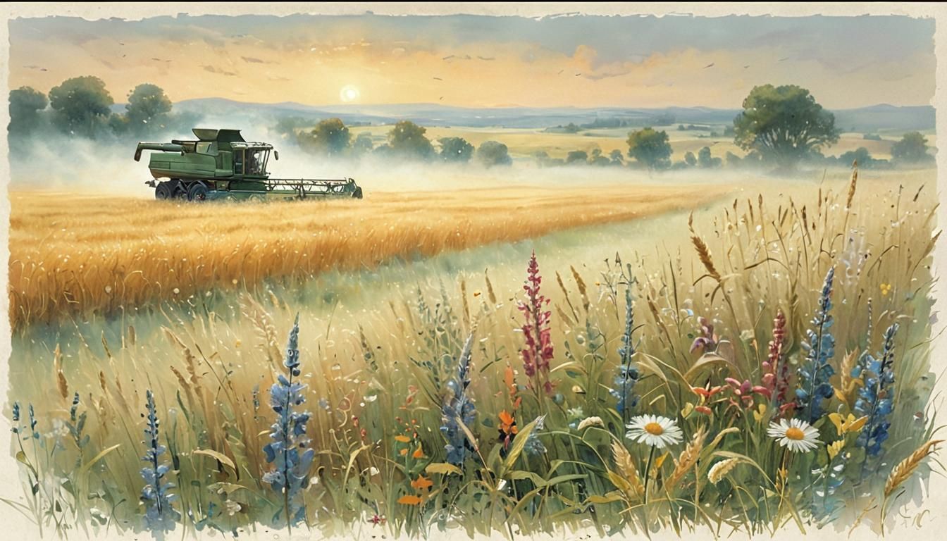 Watercolor Landscape: Harvester in Wheat Field