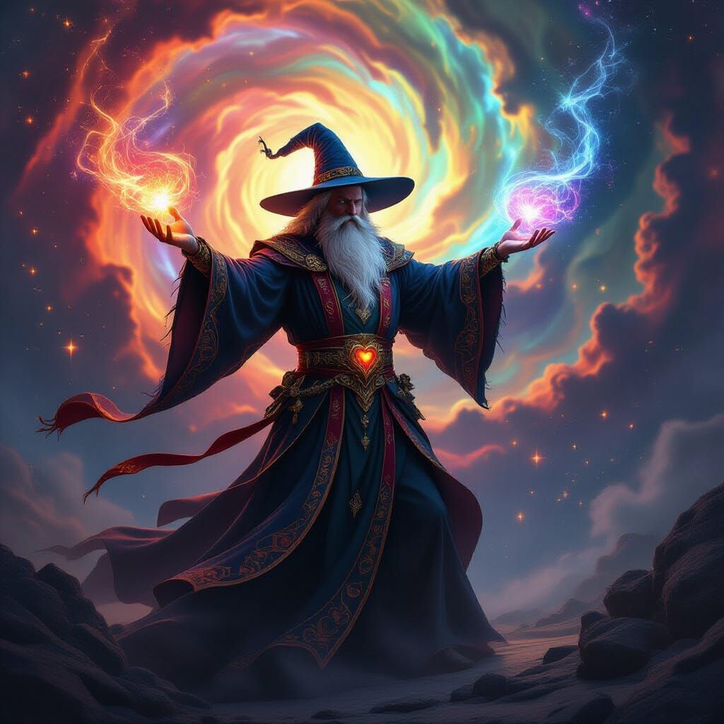 Wizard Casting Cosmic Spell in High Fantasy Digital Art