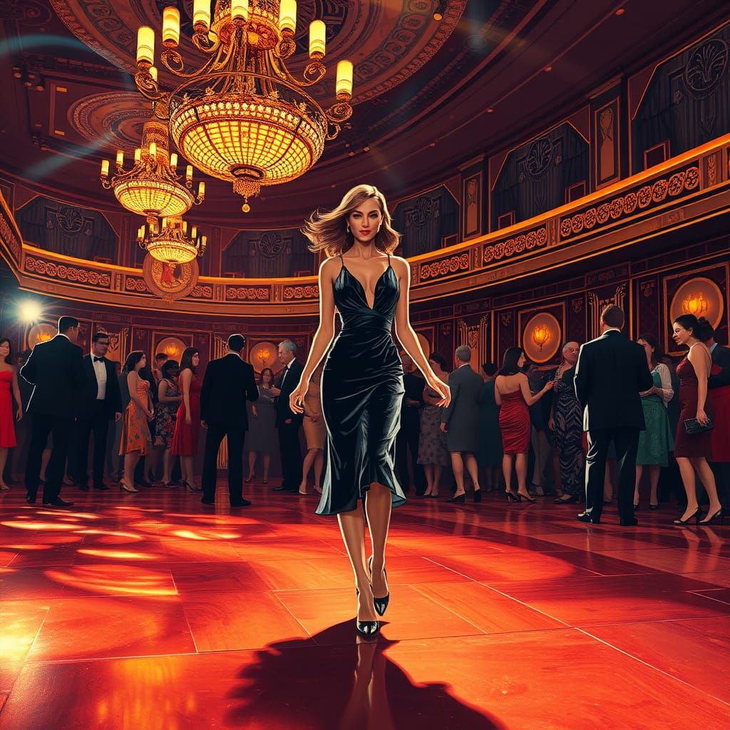 Glamorous Woman Enters Opulent Art Deco Dance Floor