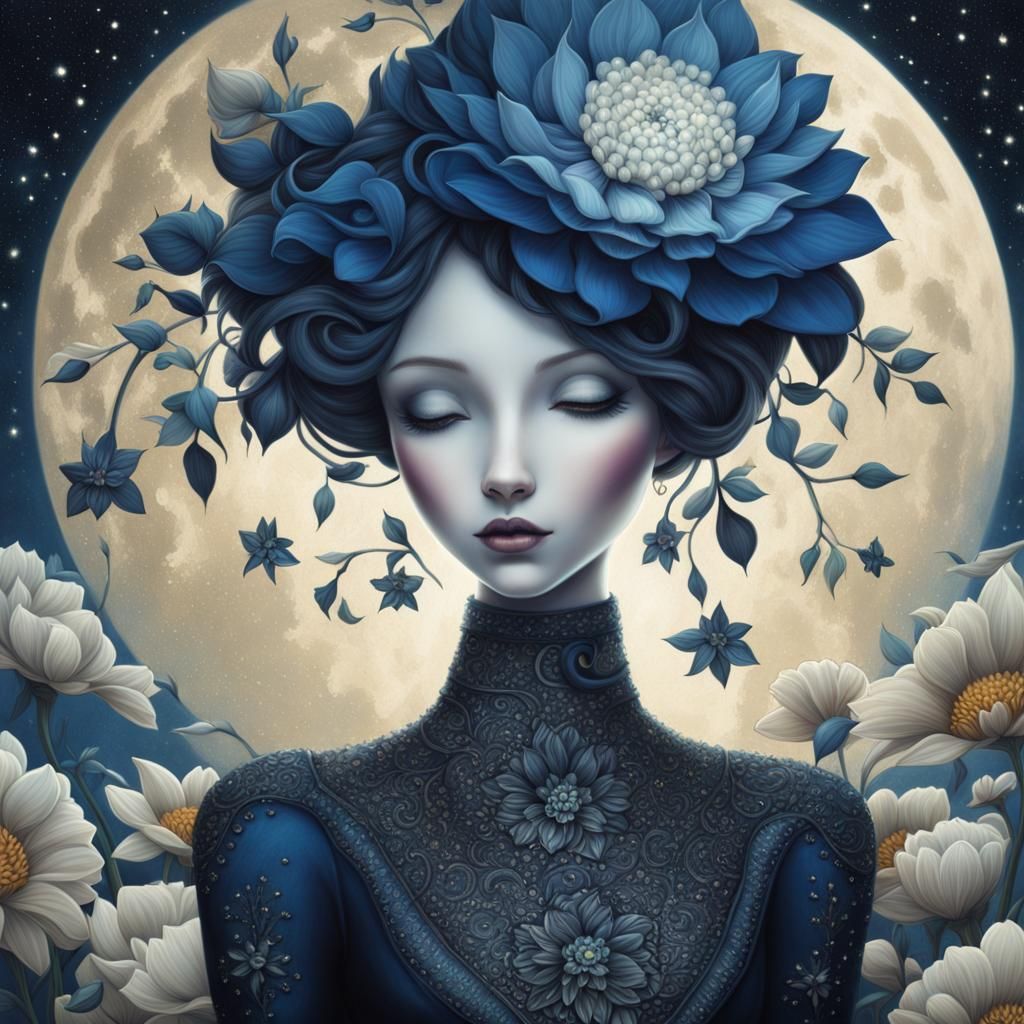 Indigo Flower in Starry Garden: Digital Art