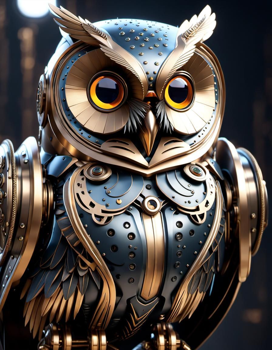 Detailed Steampunk Robot Owl Portrait in 3D