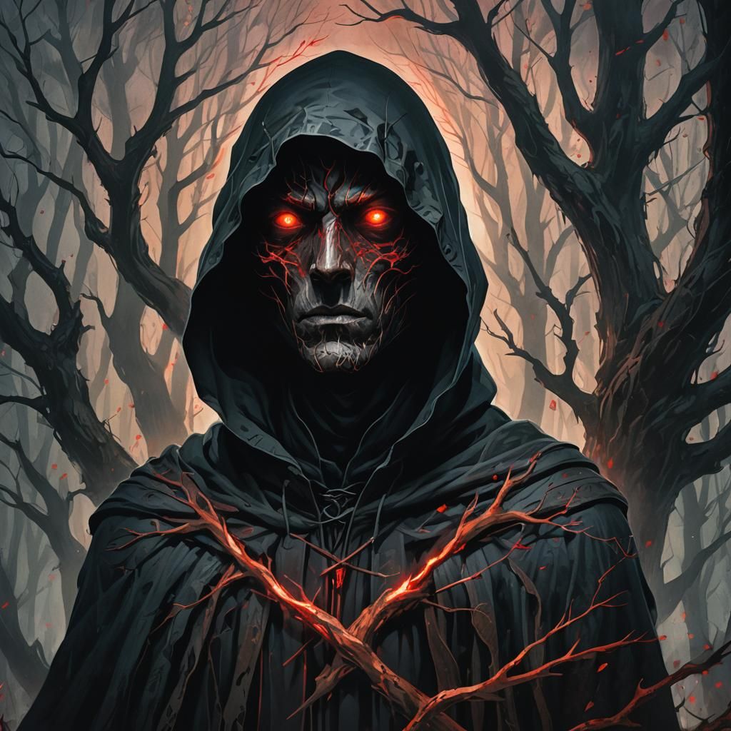 Eerie Hooded Figure in Dark Mystical Forest