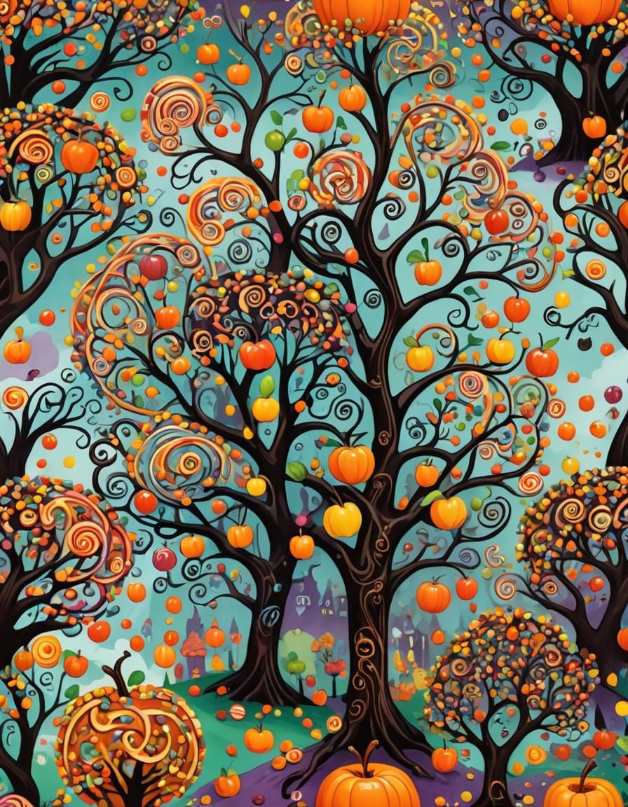 Spooky Candyland Autumn Scene with Caramel Apple Tree