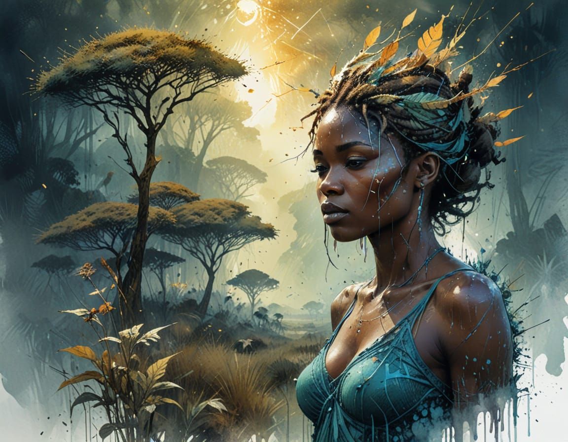 Vibrant Savanna in Watercolor Ink Splatter Art