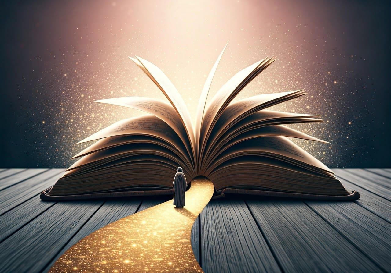 Enigmatic Figure Walks Golden Pathway Through Ancient Book