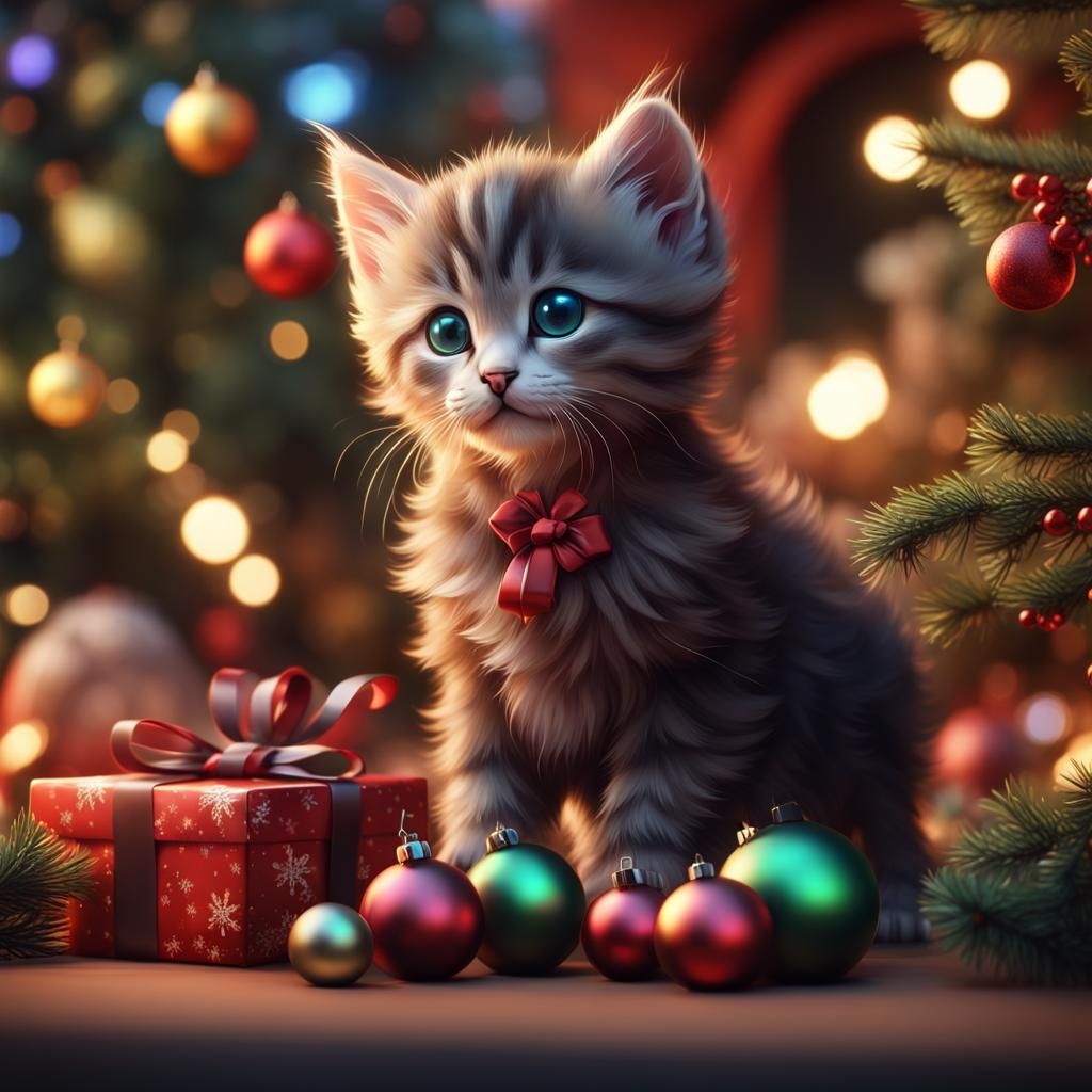 Cute Kittens Celebrate Christmas: Detailed Matte Painting