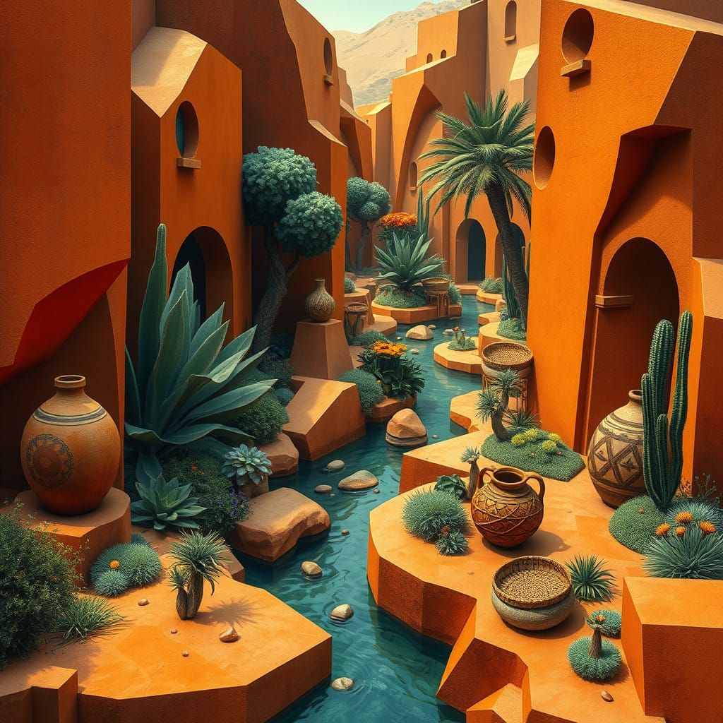 Cubist Earth-Toned Oasis in Vibrant Fragmented Geometries