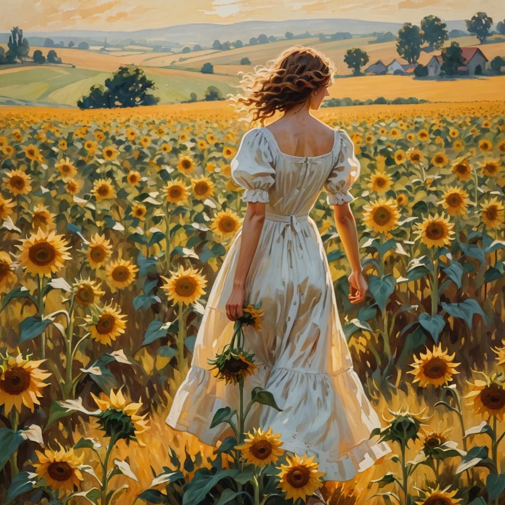 Woman Walks Through Sunflowers in Impressionist Style
