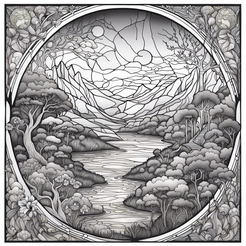 Intricate Line Art of Fantasy Landscape with Stained Glass
