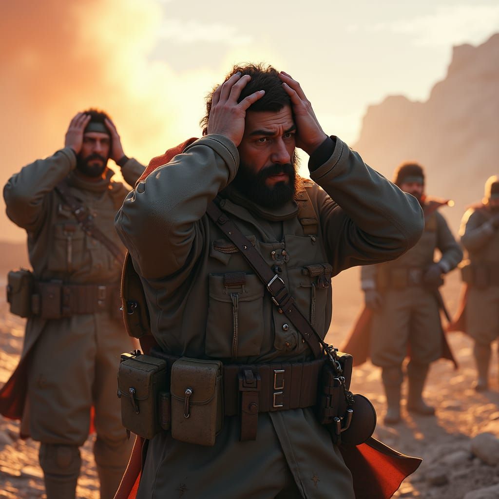 Soldiers Surrendering in War-Torn Landscape