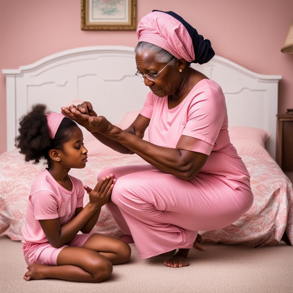 Grandmother and Granddaughter Praying in Pink
