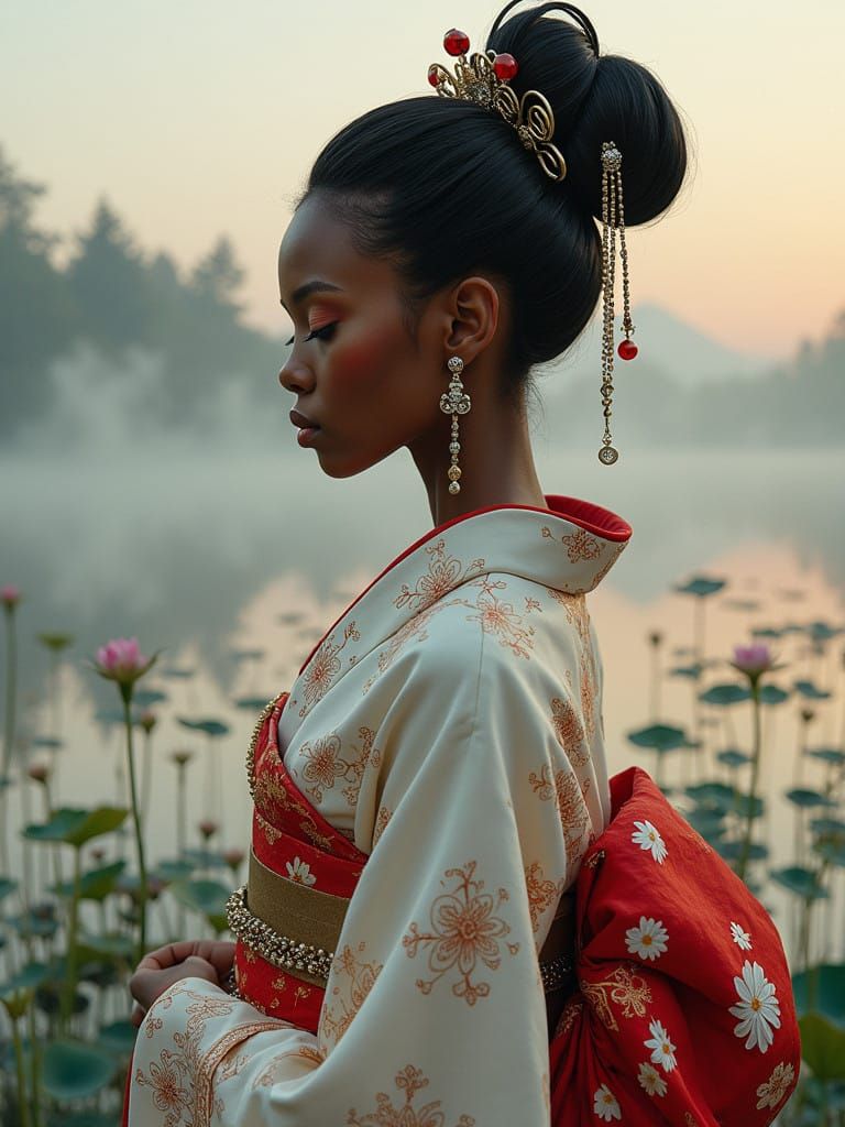 Exotic African American Geisha in Futuristic Kimono with Int...