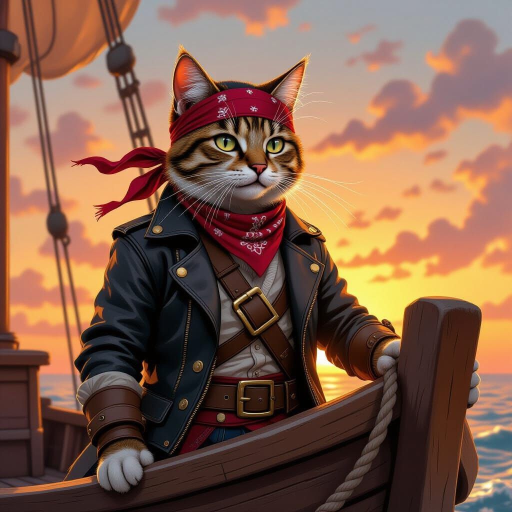 Pirate Cat on Ship Bow in Painterly Style