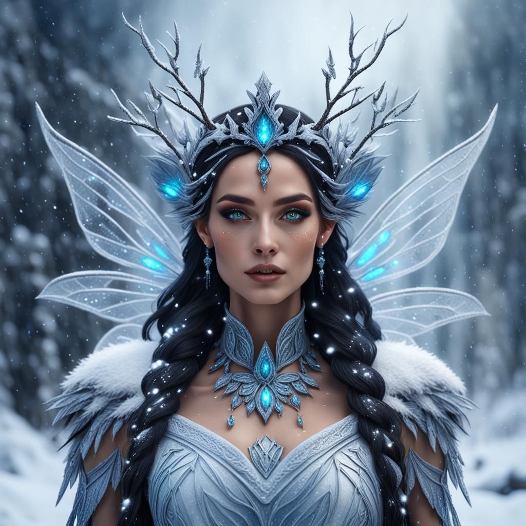 Winter Fairy Queen in Snowstorm: Detailed Fantasy Art