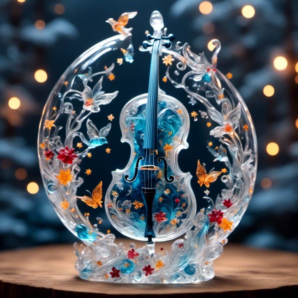 Glass Cello with Songbird in Double Exposure