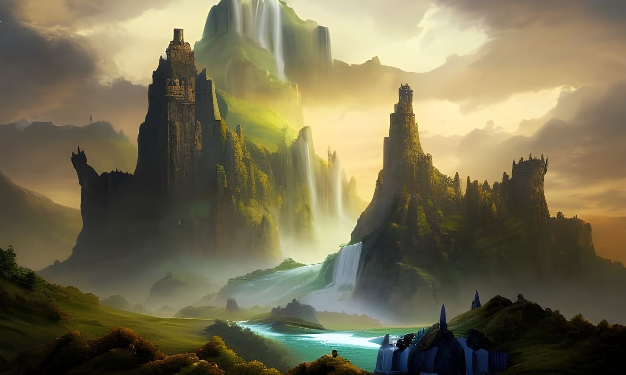 Fantasy Waterfall Between Castles: Detailed Matte Painting