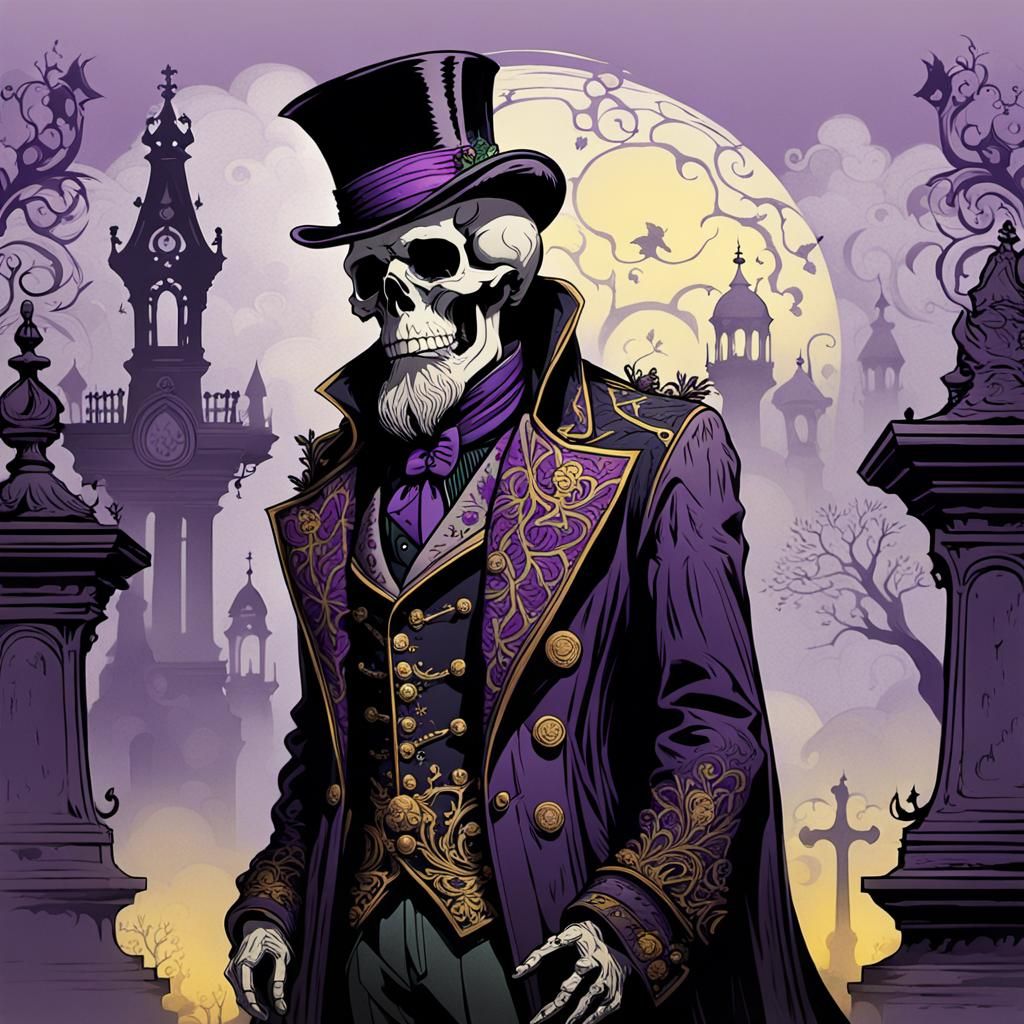 Gothic Skull in Graveyard, Art Nouveau Style