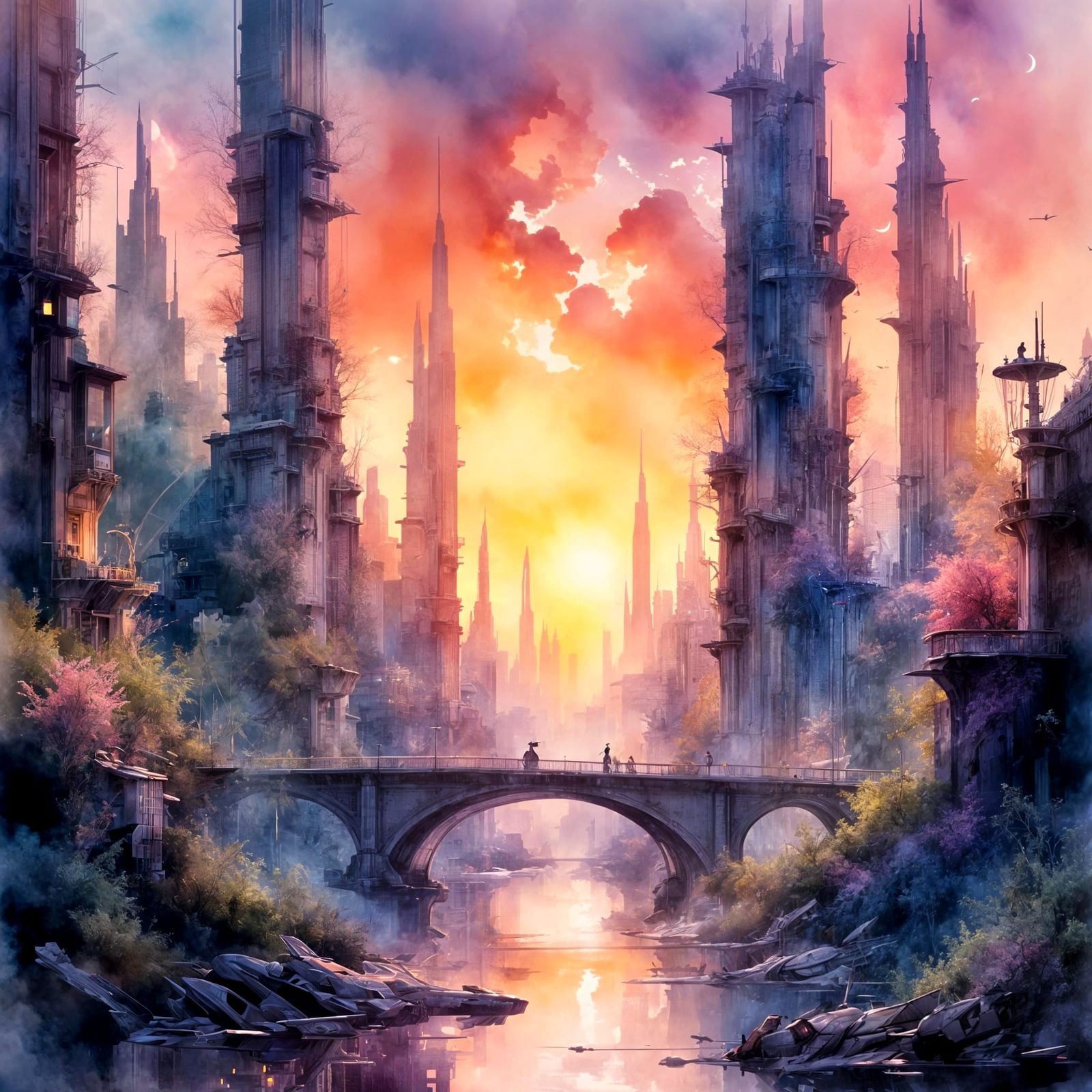 Futuristic Cityscape at Sunset in Airbrush Style