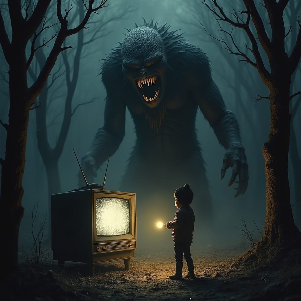 Creepy Black Creature Emerges from TV in Dark Forest