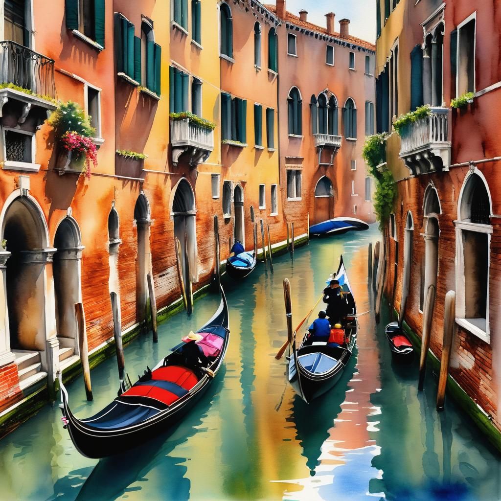 Venice Canal Scene in Watercolor Style