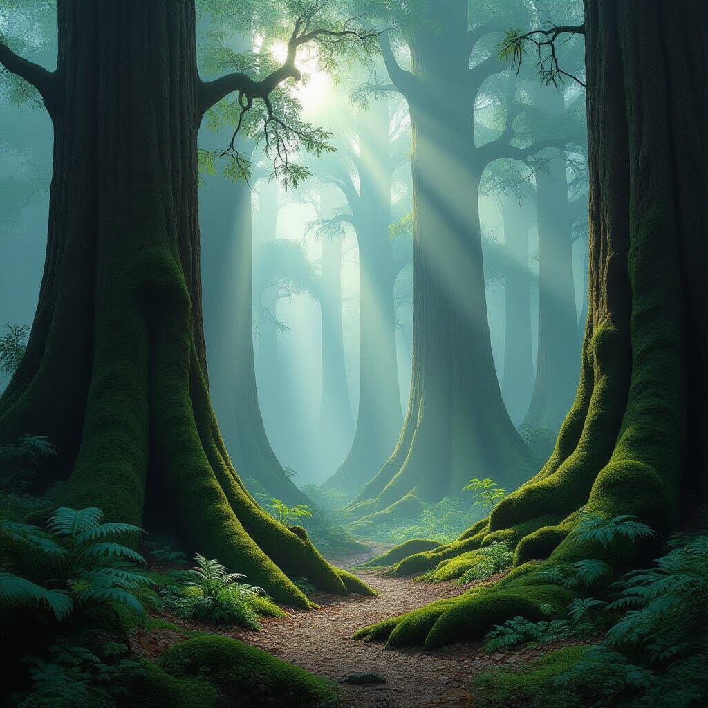 Misty Ancient Forest with Sunlight Beams