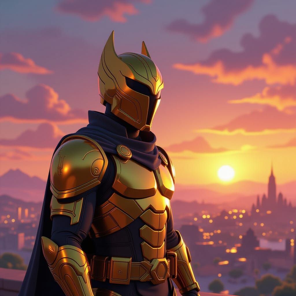 Midas from Fortnite Gazes at Golden City Sunset