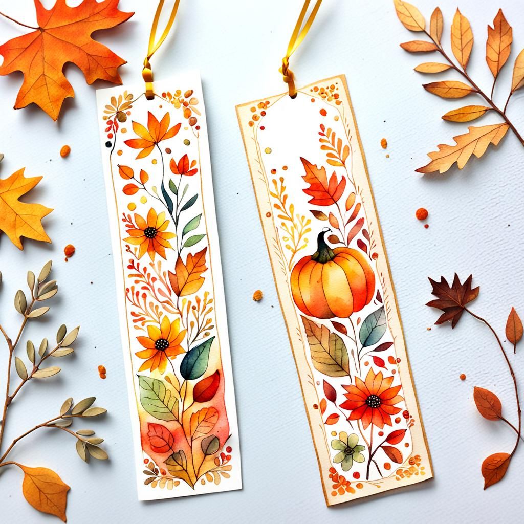 Autumn Watercolor Bookmark with Floral Sketch