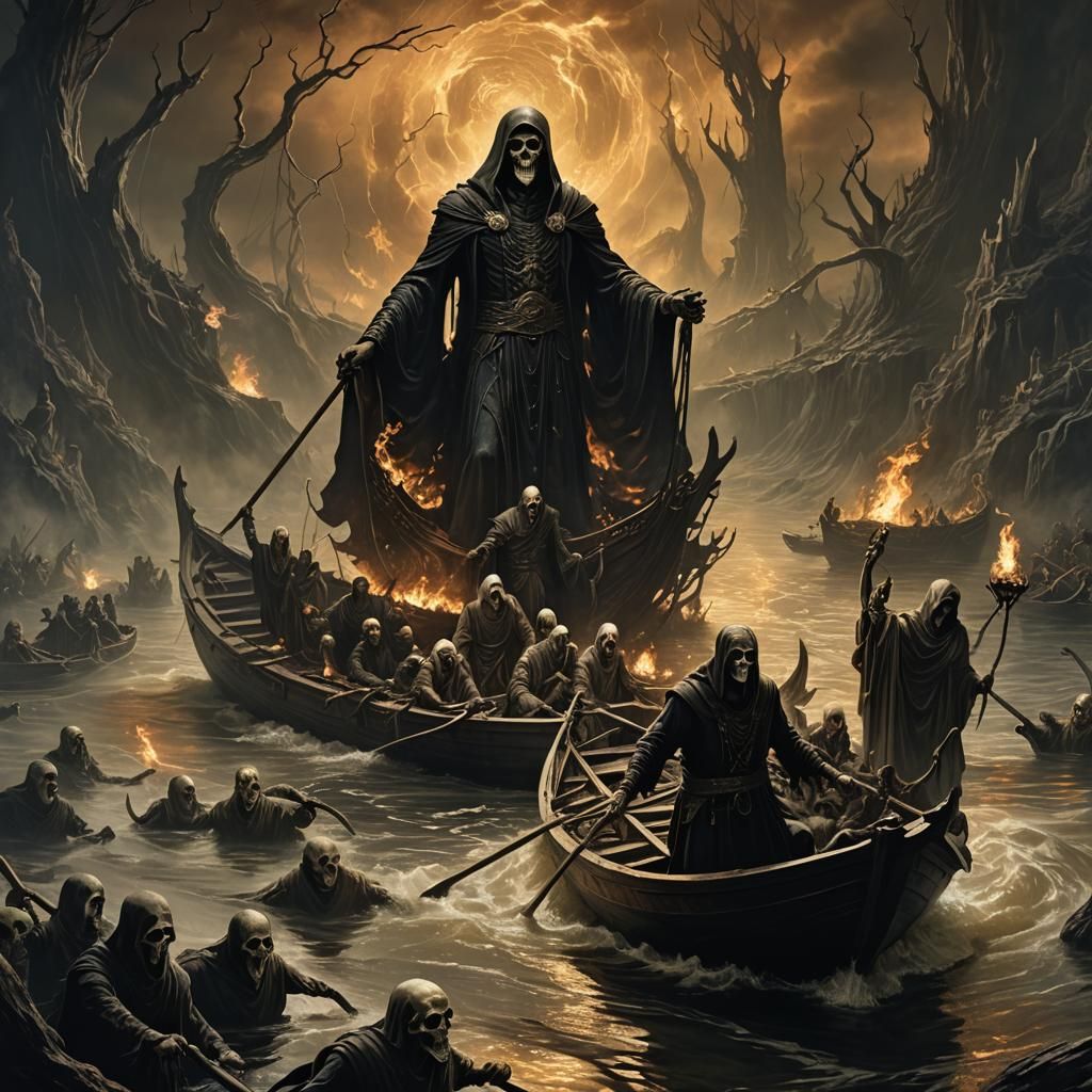 Charon's Ferry: Grim Underworld Art in Art Nouveau Style