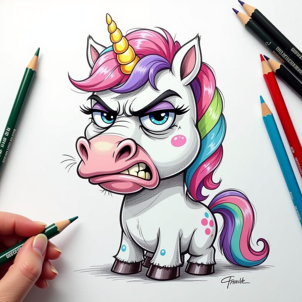Grumpy Unicorn Pencil Drawing Caricature