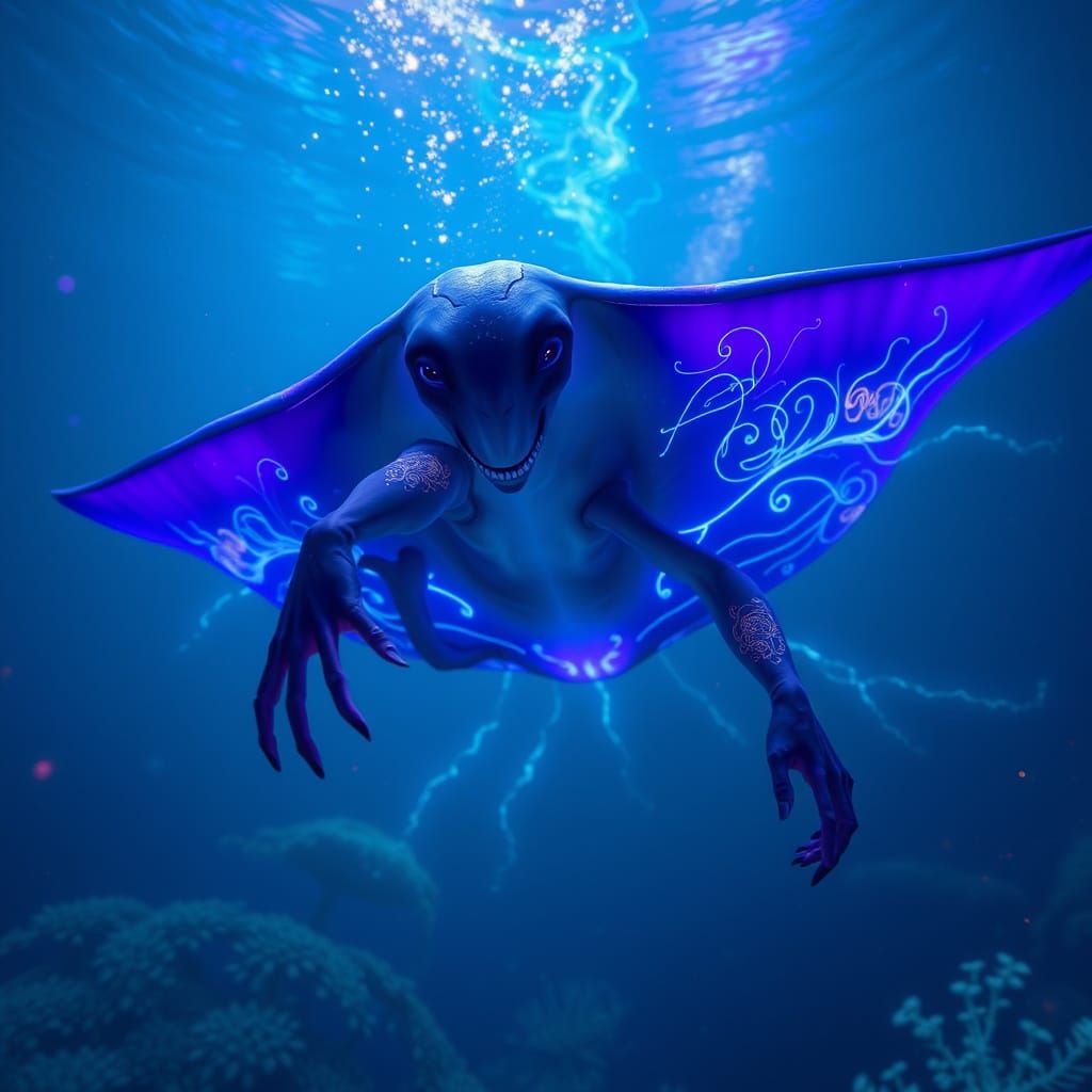 Aquatic Humanoid Swims Through Bioluminescent Alien Ocean