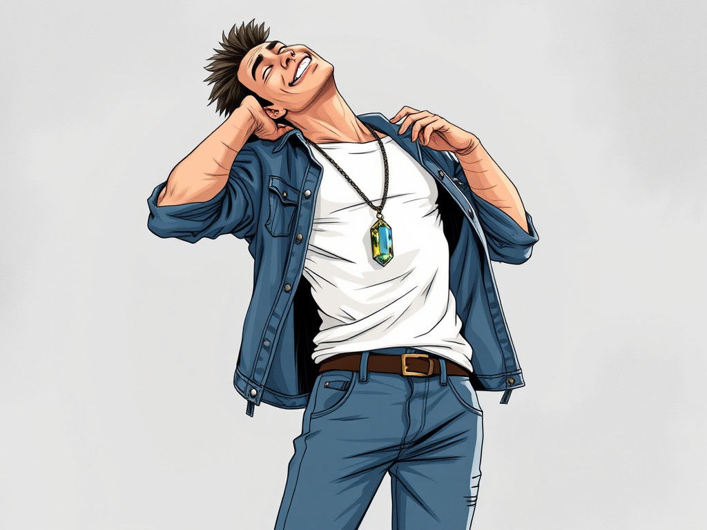 Humorous Manga Man with Crystal Pendant