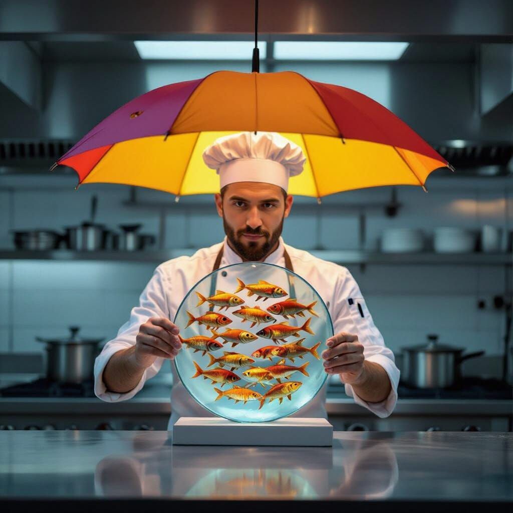 Chef Unveils Fish Sculpture Under Colorful Umbrella
