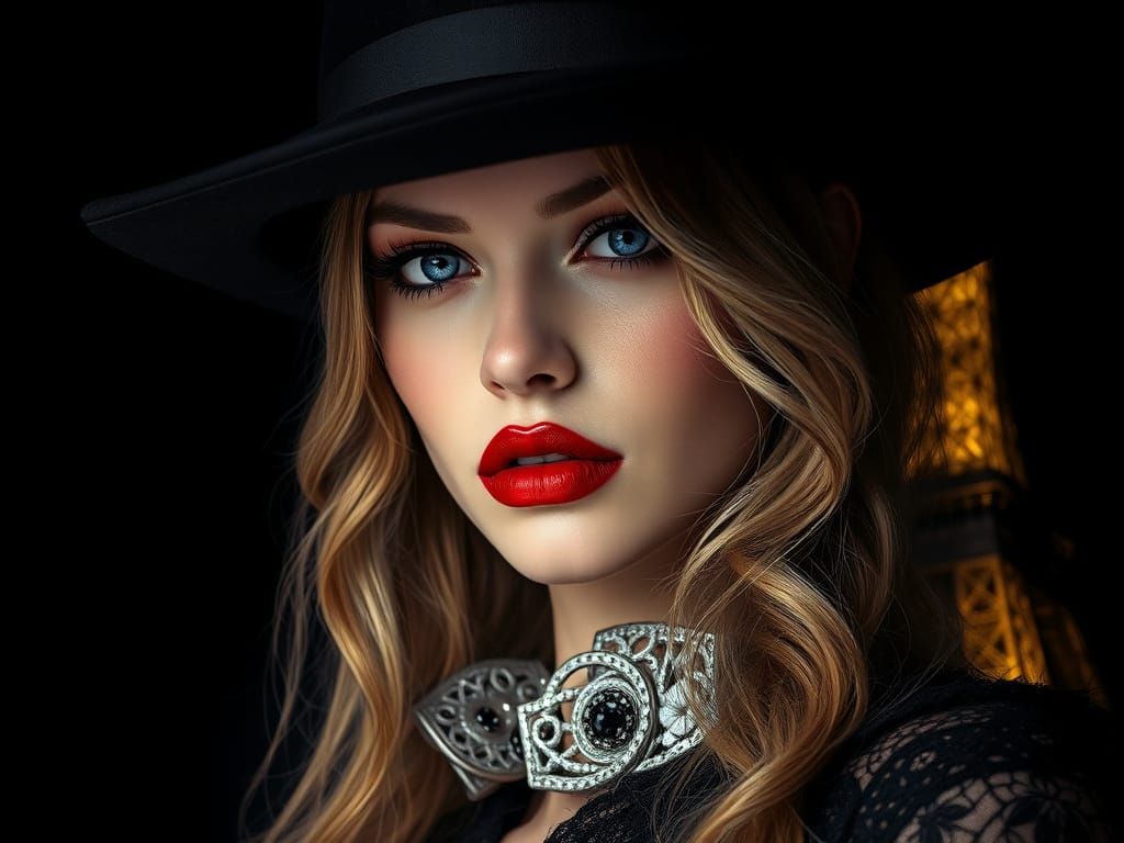 A film noir-style photo of a woman with red lips , yellow hair , blue eyes , and a slanted black hat. She is wearing a b...