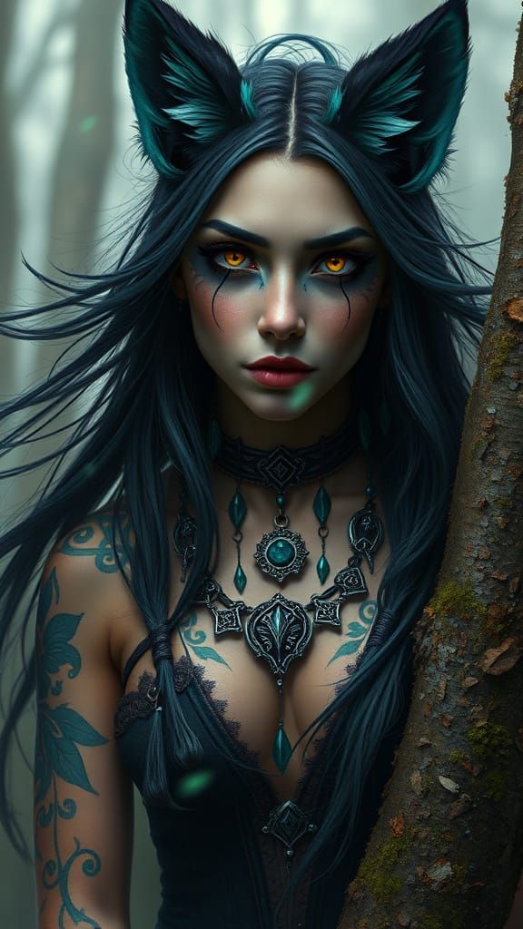 Fox-Witch Portrait in Dark Fantasy Biopunk Style