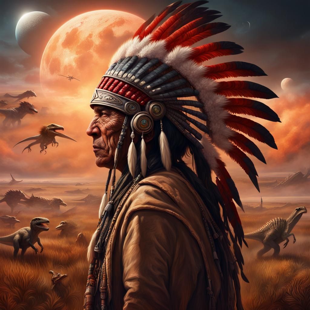 Native American and Dinosaurs on the Prairie